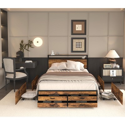 DOMETOUR Full Size Bed Frame with 8 Drawers, LED Headboard & Charging Station, Metal Platform, No Box Spring, Noise-Free, Stable, Solid, Brown
