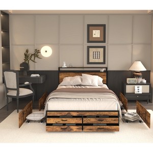 DOMETOUR Full Size Bed Frame with 8 Drawers, LED Headboard & Charging Station, Metal Platform, No Box Spring, Noise-Free, Stable, Solid, Brown - 1 of 4