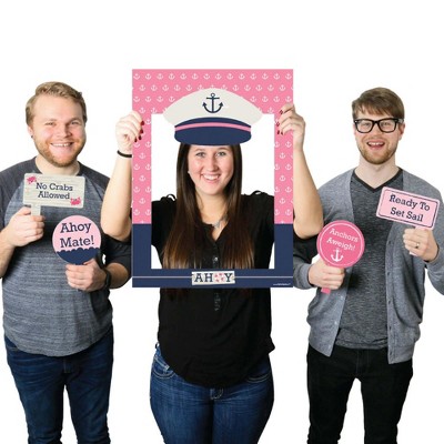 Big Dot of Happiness Ahoy - Nautical Girl - Birthday Party or Baby Shower Selfie Photo Booth Picture Frame & Props - Printed on Sturdy Material