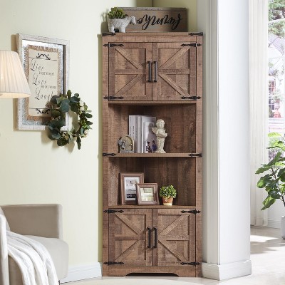 SinCiDo 67" Tall Farmhouse Corner Cabinet, Bathroom Storage Cabinet w/ Barn Door & Adjustable Shelves, Suitable for Living Room & Kitchen, Light Brown