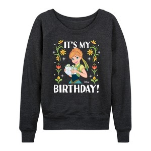 Women's - Disney - Anna It's My Birthday Lightweight French Terry Wide Neck Long Sleeve Shirt - 1 of 4