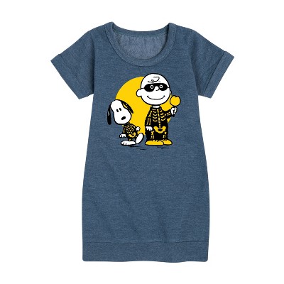 - Peanuts - Charlie And Snoopy Skeleton Graphic Short Sleeve Fleece Dress