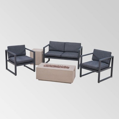 Camiguin 5pc Aluminum Chat Set with Lightweight Concrete Fire Pit - Silver/Dark Gray/Light Gray - Christopher Knight Home