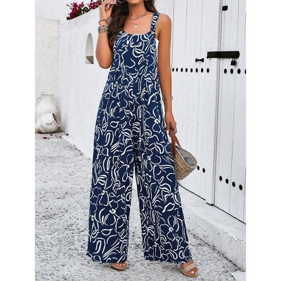 Women's Printed Jumpsuit Square Neck Overalls Loose Fit Wide Leg Jumpsuit With Pockets