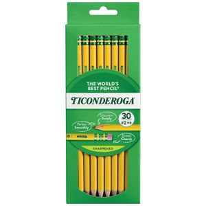 A pack of 30 yellow colored Ticonderoga #2 HB pencils with green accents, displayed in a green box with text stating "The World's Best Pencil" and "Writes Smoothly, Sharpens Evenly, Erases Cleanly."