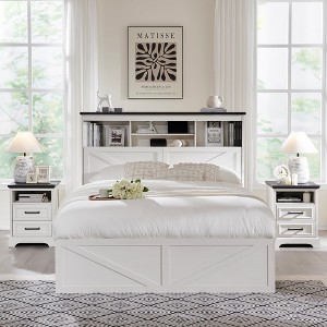 SinCiDo Farmhouse Full Size Bed Frame, w/52" Tall Storage Bookcase Headboard，Charging Station&LED Light, Drawers, No Box Spring Needed, Noiseless - 1 of 4