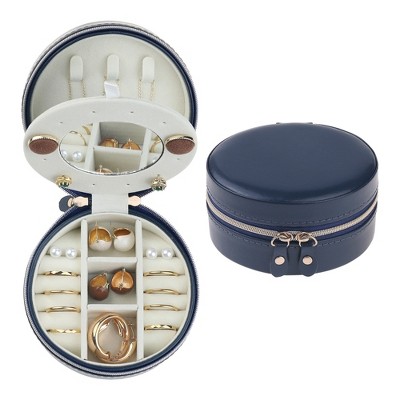 Unique Bargains Portable PU Leather Mini Round Travel Jewelry Box with Mirror