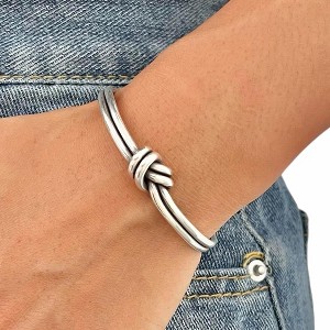 Handmade Sterling Silver Knot Cuff Bracelet, Adjustable Minimalist Tied Wire Design, Unisex Jewelry Gift - 1 of 4