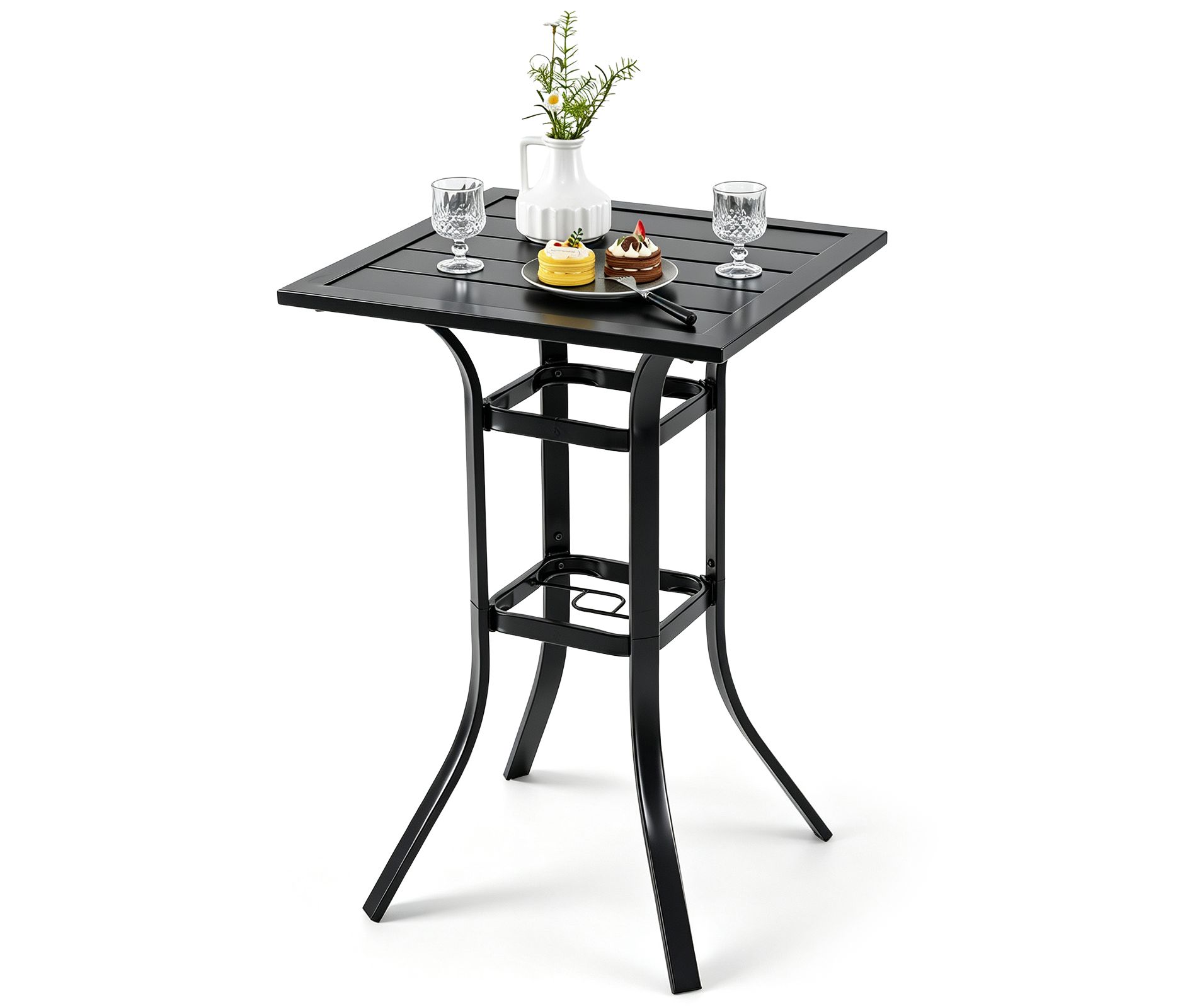 Costway 25" Outdoor Bar Table, Square Patio Dining Table with 1.57" Umbrella Hole for Lawn Black+Brown