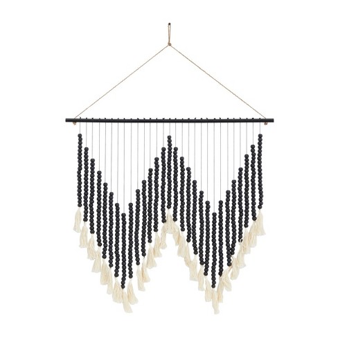 Wood Macrame Beaded Wall Decor with Fringe Tassels Black - Olivia & May