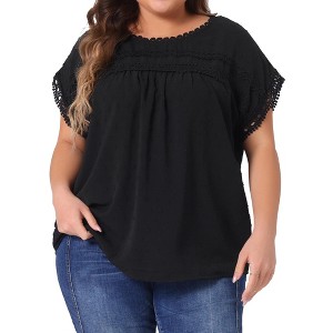 Agnes Orinda Women's Plus Size Swiss Dots Short Sleeve Lace Crochet Chiffon Pleated Casual Blouses - 1 of 4