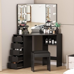 Corner Vanity Desk Set with 3-Folding Lighted Mirrors, Makeup Vanity Table with Charging Station - 1 of 4