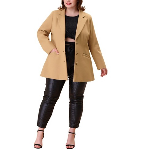 Agnes Orinda Women's Plus Size Classic Jacket Long Sleeves Winter Coat  Khaki 3X