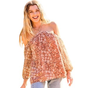 Slickblue Women's Balloon Sleeve Floral Blouse, Strap Halter Neck Lightweight Top, Romantic Look, Sea Foam/Terracotta, S-L - 1 of 4