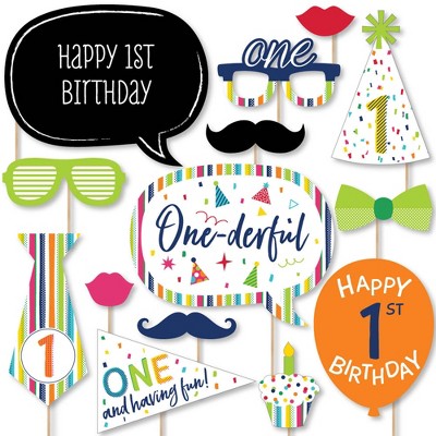  Big Dot of Happiness 1st Birthday - Cheerful Happy Birthday - Colorful First Birthday Party Photo Booth Props Kit - 20 Count 