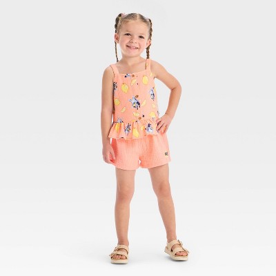 Toddler Girls' 2pc Bluey Lemon Gauze Tank Top and Shorts Set - Orange