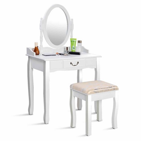 Tangkula Bedroom Makeup Vanity Dressing Table Stool Set with 3 Colors Lighted Mirror Large Storage Cabinet Drawer White