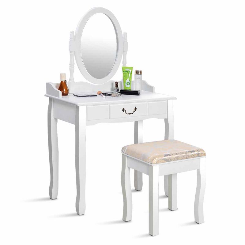 Tangkula Vanity Table Jewelry Makeup Desk with Padded Bench bathroom Dresser w/ Drawer White, 1 of 8