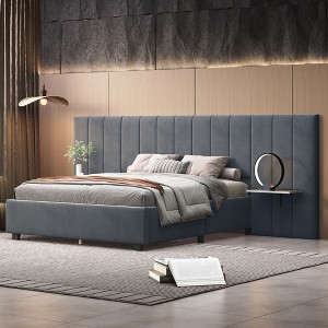 Okak Full/Queen Size Velvet Platform Bed Frame Upholstered Modern Bed with Big Headboard & 2 shelves No Springs Required Easy to Assemble - 1 of 4