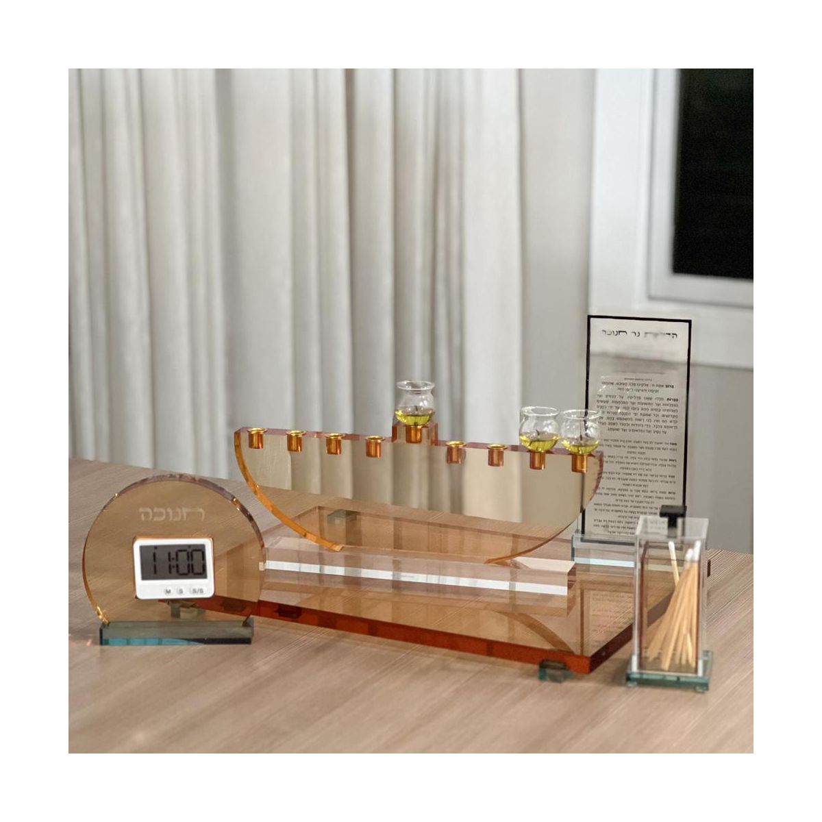 Amber & Teal Lucite Chanukah Timer White, Elegant Hanukkah Judaica Decor with Digital Clock Display - thumbnail 5