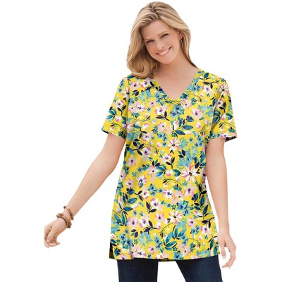 Woman Within Plus Size Perfect Printed Short-Sleeve Shirred V-Neck Tunic