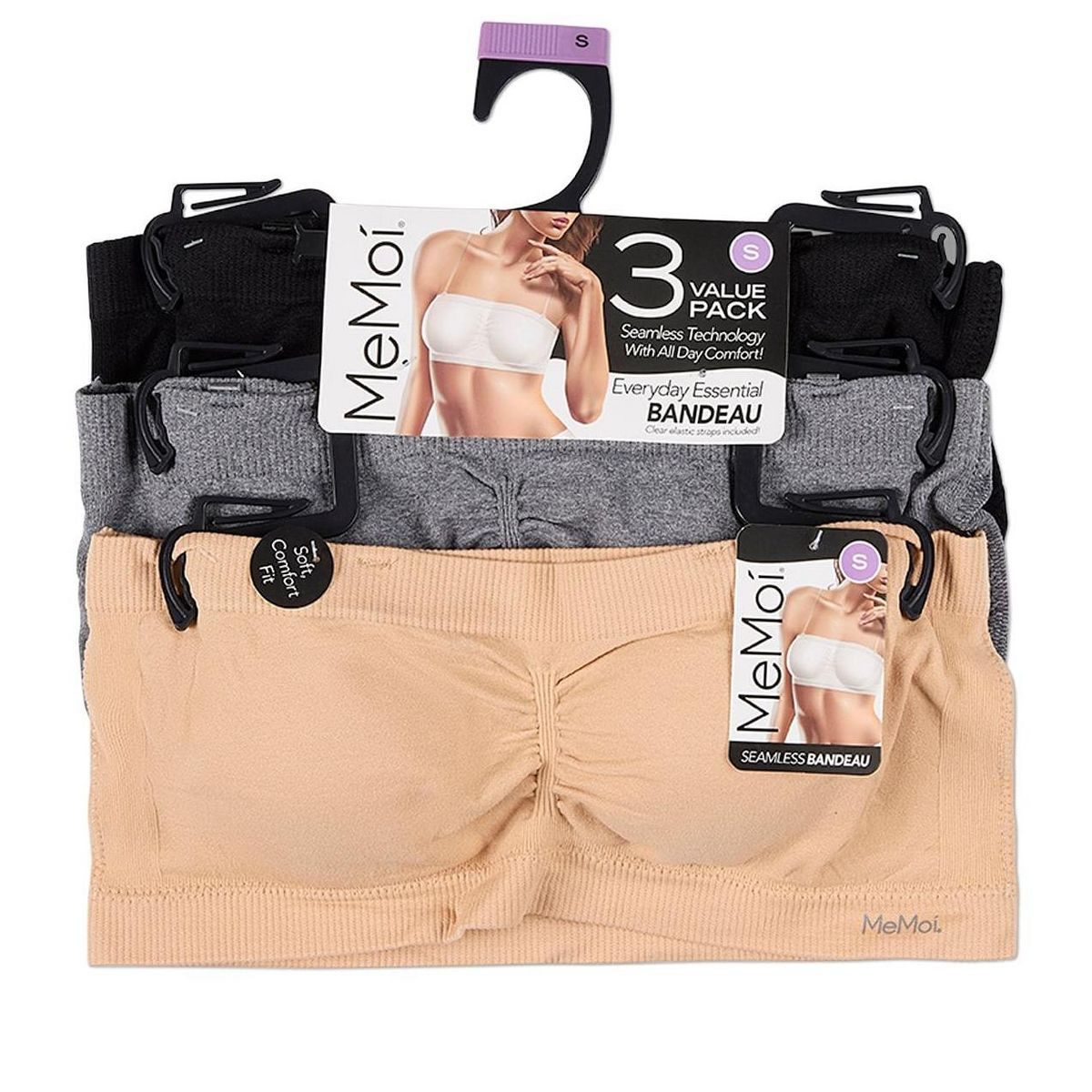 Memoi 3 Pack Women's Seamless Bandeau Bras with Clear Elastic Straps - thumbnail 5