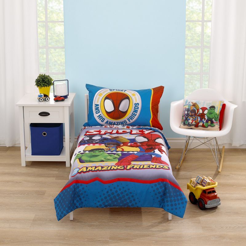 Marvel Spidey and His Amazing Friends Blue, Red, Yellow, and Green, Team Up 4 Piece Toddler Bed Set, 1 of 9
