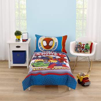 Marvel Spidey and His Amazing Friends Blue, Red, Yellow, and Green, Team Up 4 Piece Toddler Bed Set