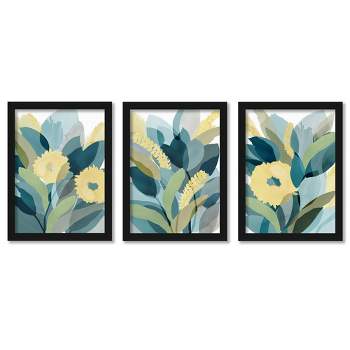 Americanflat Botanical (Set Of 3) Yellow Teal Floral By Pi Creative Art Framed Triptych Wall Art Set