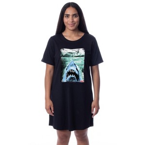 Jaws Womens' Film Movie Title Logo Distressed Nightgown Sleep Pajama Shirt Black - 1 of 3