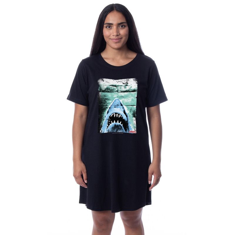 Jaws Womens' Film Movie Title Logo Distressed Nightgown Sleep Pajama Shirt Black, 1 of 4