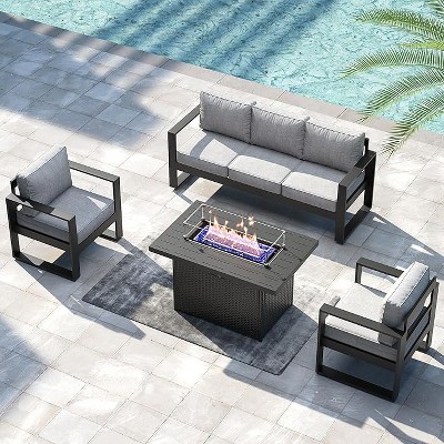 LayinSun 4 Pieces Aluminum Outdoor Patio Furniture Set, Metal Modern Conversation Sofa Set with Fire Pit Table and Washable Thick Cushions