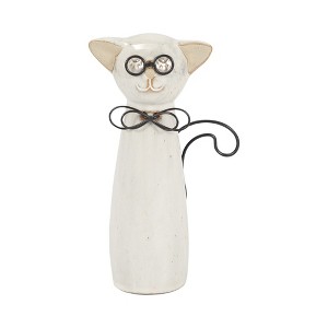 Sagebrook Home Cat with Glasses Sculpture - Contemporary Ceramic White Cat Statue with Black and Beige Accents for Home - 1 of 4
