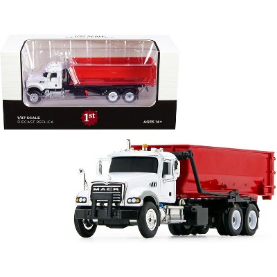 Mack Granite with Tub-Style Roll-Off Container Dump Truck White and Red 1/87 Diecast Model by First Gear