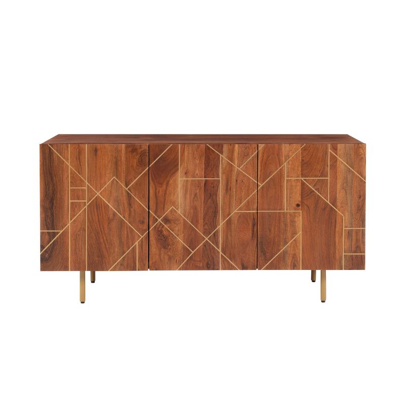 58&#34; Remer Mid Century Modern Storage Console Solid Wood Gold Trim 3 Doors Brown - Powell, 4 of 15