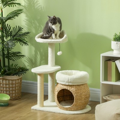 Cream White Sisal Cat Tree Tower with Condo and Beds
