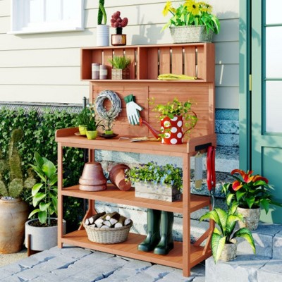 65" Large Wooden Farmhouse Rustic Outdoor Potting Bench Table, Patio Workstation, Garden Potting Bench with 4 Storage Shelves and Side Hook