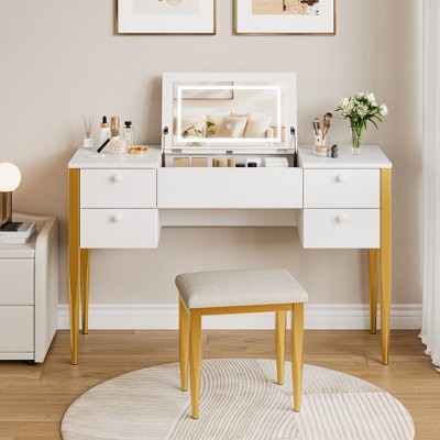 Bedroom Makeup Vanity Desk, Modern Flip Top Vanity Set, 5 Drawers, Stool Chair, 3 Lighting Modes, for Bedroom, Living room