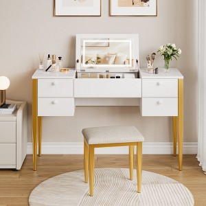 Bedroom Makeup Vanity Desk, Modern Flip Top Vanity Set, 5 Drawers, Stool Chair, 3 Lighting Modes, for Bedroom, Living room - 1 of 4