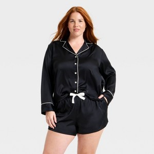Women's Luxury Collection Satin Notch Collar Long Sleeve Shirt and Shorts Pajama Set - Auden™ - 1 of 3