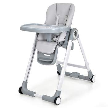 Babyjoy Folding Convertible High Chair Height Adjustable Feeding Chair with Wheel Tray Grey