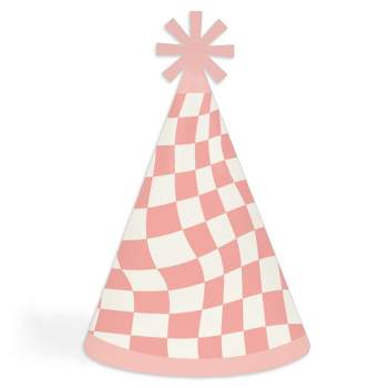 Big Dot of Happiness Pink Checkered Party - Cone Happy Birthday Party Hats for Kids and Adults - Set of 8 (Standard Size)