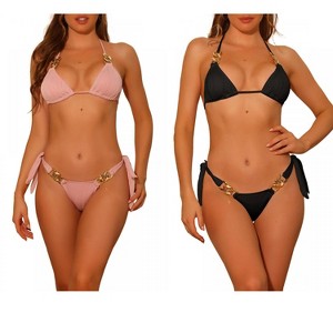 Elerevyo Women's Chain Linked Detail Textured Tie Side Triangle Thong Bottom Swimwear Bathing Suits 2 Sets - 1 of 4