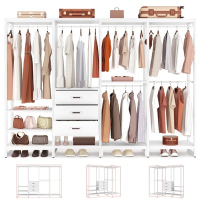 Aheaplus 74'' Clothing Rack with Wood Drawers, Heavy Duty Garment Rack with Shelves, Large Corner L-Shaped Closet Organizer with Hanging Rods