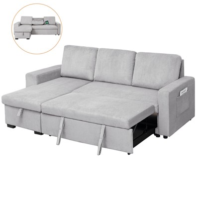 LugBug 87.8inch L Shaped Sleeper Sofa Couch ,Pull out Sofabed with Storage Chaise, USB Charging Ports & 2 Built-in Bookshelves for Living Room