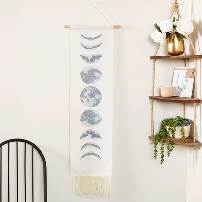 White Polyester Moon Phases Bohemian Wall Hanging Art, 12 x 49 in