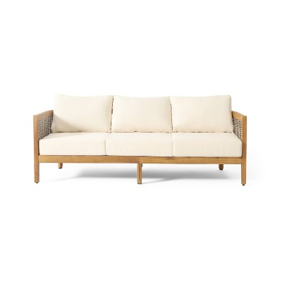 Burchett Outdoor Acacia Wood/wicker Round 3 Seater Sofa With Cushions ...