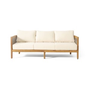 Burchett Outdoor Acacia Wood/Wicker Round 3 Seater Sofa with Cushions - Christopher Knight Home: Weather-Resistant Patio Furniture - 1 of 4