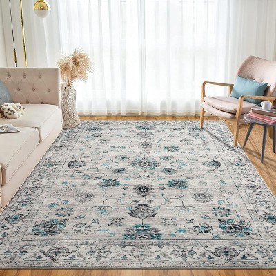Floral Print Washable Area Rug - Non-Slip Non-Shedding Machine Washable Rug for Bedroom Living Room Dining Room
