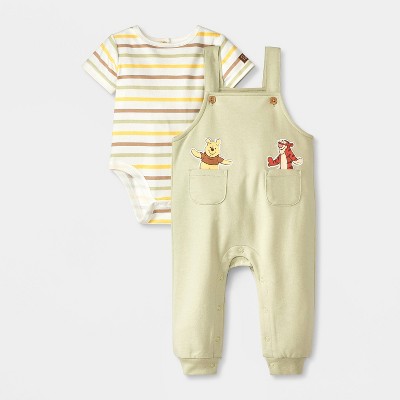 Baby Boys' 2pc Disney Winnie The Pooh Pocket Overalls & Striped Bodysuit Set - Green